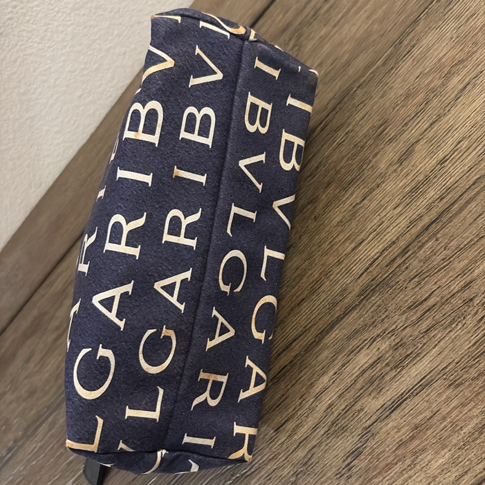 [BLVGARI] Signature Logo Navy & White Cosmetic Full-Zip Travel Toiletry Bag - Picture 4 of 11